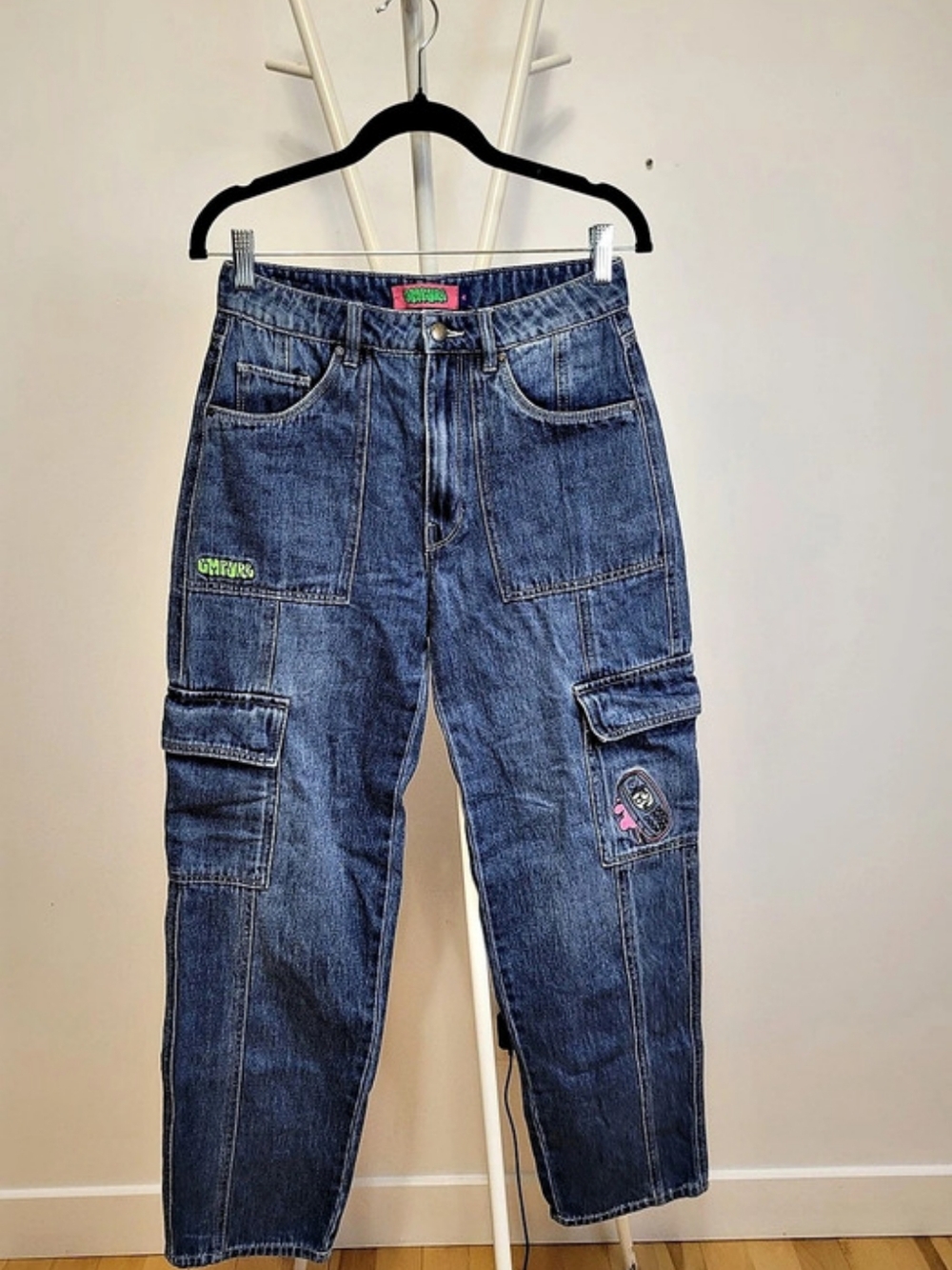 🍂 Empyre Tori Porkchop Pocket Blue Cargo Skate Jeans Y2K Cellphone Patch Size 4